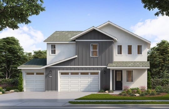 New Meadow Plan 5C home elevation featuring three-car garage